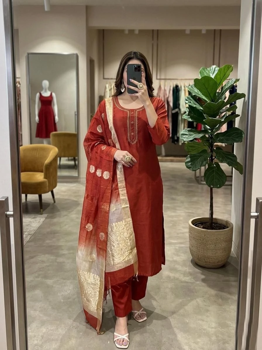 Rust Red Embroidered Kurta Set with Banarasi Dupatta